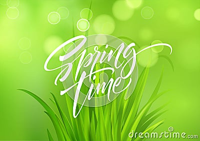 Spring time handwritten calligraphy lettering with grass background. Vector illustration Vector Illustration