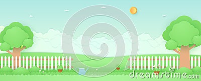 Spring Time, landscape, garden with trees, plant pots, beautiful flowers, watering can on grass and fence Vector Illustration