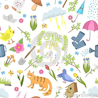 Spring time natural floral symbols icons beauty design nature vector seamless pattern background Vector Illustration