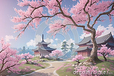 Spring time in nature with blooming tree. Blossoming cherry sakura tree, generative ai image Stock Photo