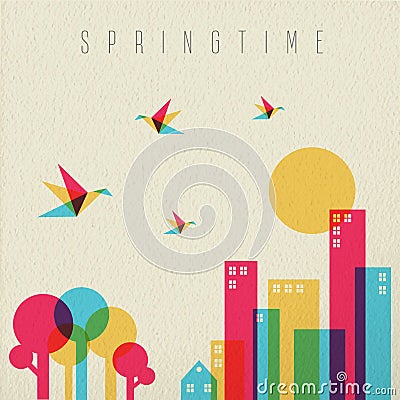Spring time season tree forest and city Vector Illustration
