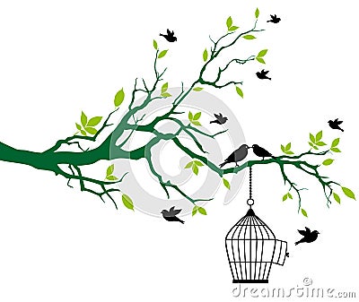 Spring tree with birdcage and kissing birds Vector Illustration