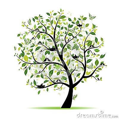 Spring tree green with birds for your design Vector Illustration