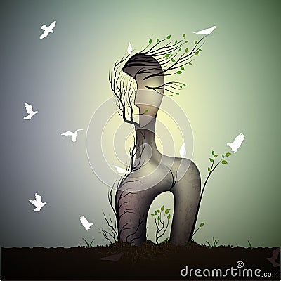 Spring tree looks like woman with white bird, sleeping dream sculpture with white pigeons, surreal tree s dream, Vector Illustration