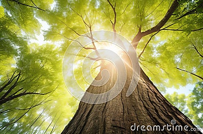 Spring Tree's Fresh Green Foliage in Blurred Bottom View Along the Trunk. Stock Photo