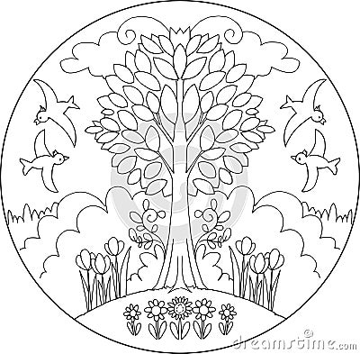 Spring tree vector mandala Cartoon Illustration