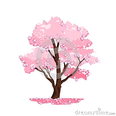 Spring tree vector nature illustration, blossom Japanese sakura, wooden trunk, pink crown. Vector Illustration