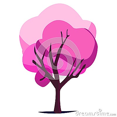 Spring tree vector nature illustration, cheery blossom , wooden trunk, pink crown Cartoon Illustration