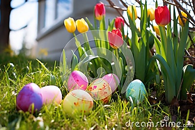 spring tulips emerging from a patch of grass with hidden easter eggs Stock Photo