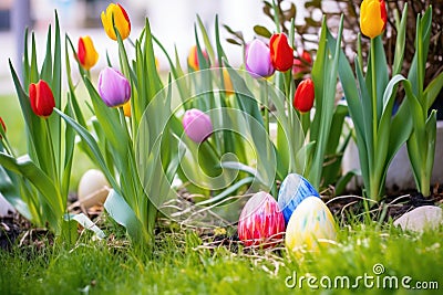 spring tulips emerging from a patch of grass with hidden easter eggs Stock Photo