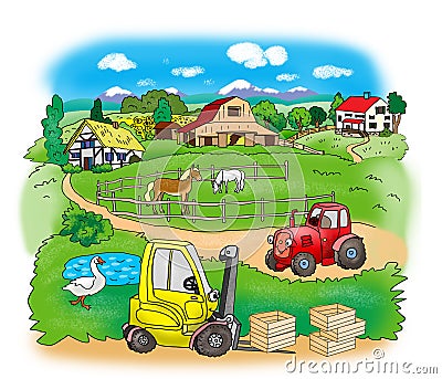 Spring -two cars - a tractor and a loading combine on a farm in the mountains, illustration for children Cartoon Illustration