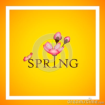 Spring typography with cherry blooming flowers pink petals and butterfly on a yellow background Vector Illustration