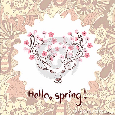 Spring vector illustration. Beautiful deer with watercolor flowers. Vector Illustration