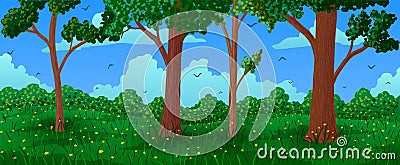 Spring vector landscape. Cartoon trees on field with flowers Vector Illustration