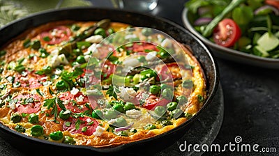 a spring vegetable frittata, filled with asparagus, peas, and feta cheese, served with a side salad Stock Photo