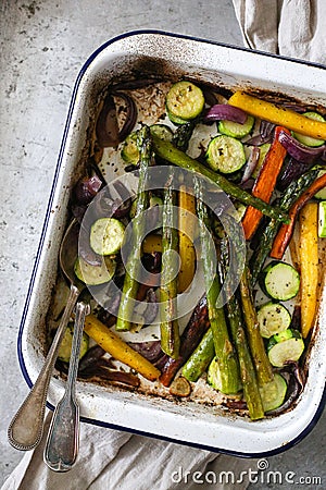 Spring veggies baked and served Stock Photo