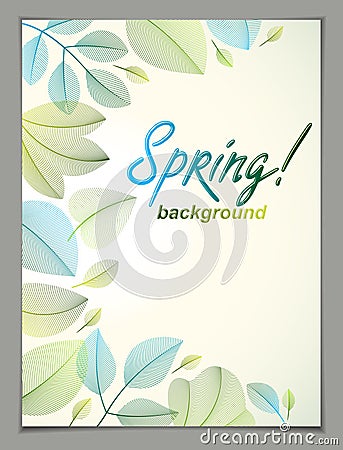 Spring vertical banner design, vector green and fresh leaves flo Vector Illustration