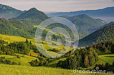Spring View on Pieniny and Gorce mountain range in Beskids in Poland. Pieniny Mountains in the south of Poland. Stock Photo