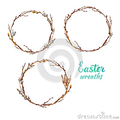 Spring watercolor decorative wreath set, isolated on white background. Tree twigs, branches, pussy willow frames for Easter Stock Photo