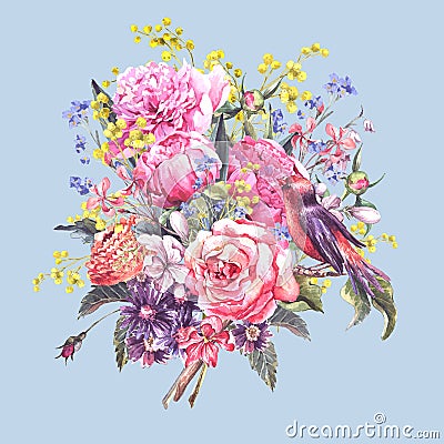 Spring Watercolor Floral Bouquet with Bird Cartoon Illustration