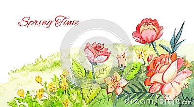 Spring watercolor footer. Red flowers drawing with watercolor pa Stock Photo