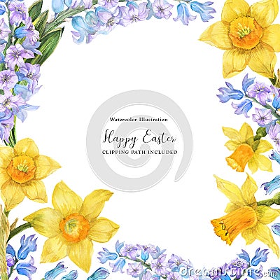 Spring watercolor frame with daffodil and hyacinth flowers Stock Photo