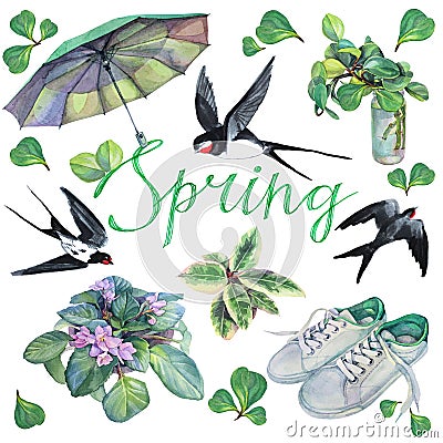 Spring watercolor set umbrella, flower, green leaves, sneakers, bird swallow, sprout, lettering word isolated on white Stock Photo