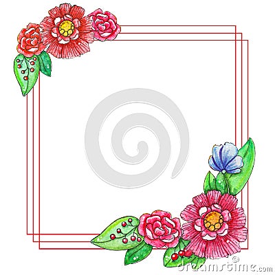 Spring watercolor template with colored leaves and flowers Stock Photo