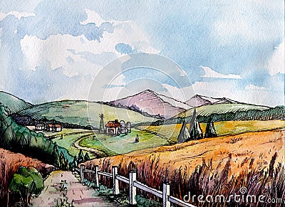 Spring watercoloured countryside landscape Cartoon Illustration