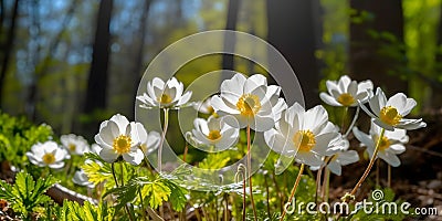 Spring white flowers Forest Anemone windmill, beautiful morning sunlight in spring forest Stock Photo