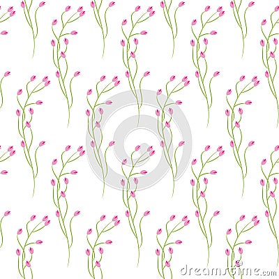 Spring wild pink flower field seamless pattern. Vector Illustration