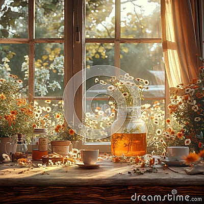 Spring, Window with cup of tea, flowers and decors. Generative AI Stock Photo