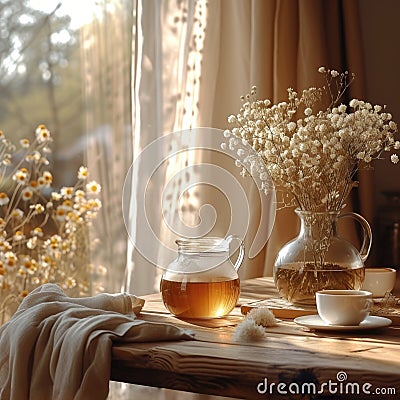 Spring, Window with cup of tea, flowers and decors. Generative AI Stock Photo