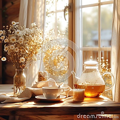 Spring, Window with cup of tea, flowers and decors. Generative AI Stock Photo