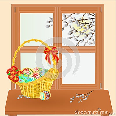 Spring window with Easter basket vector Vector Illustration