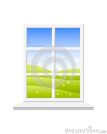 Spring window. View of the spring landscape: field with flowers, mountains and blue sky. Vector Illustration