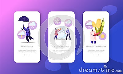 Spring or Winter Weather Mobile App Page Onboard Screen Template. Tiny Character Holding Huge Tulip Flower, Make Snowman Vector Illustration