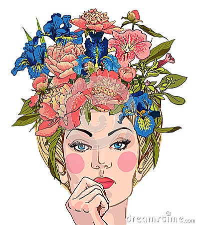 Spring woman with flowers her hair Vector Illustration