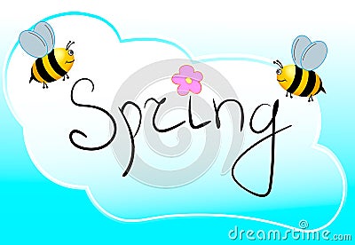 Spring word, flowers and bee vector. Vector EPS. Vector Illustration