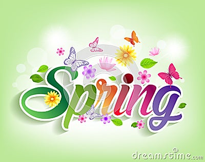 Spring Word Paper Cut with Flowers & Butterflies Vector Illustration