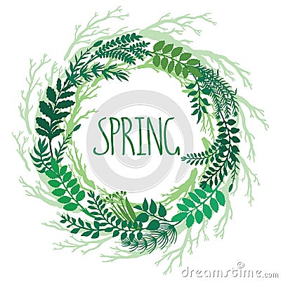 Spring wreath with branches and leaves or plants. Vector Vector Illustration