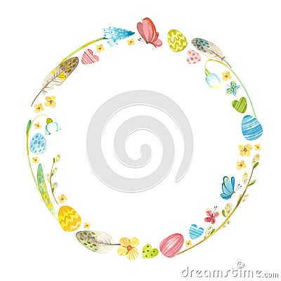 Spring wreath with Easter eggs, pussy willow, feathers and flowers. Stock Photo