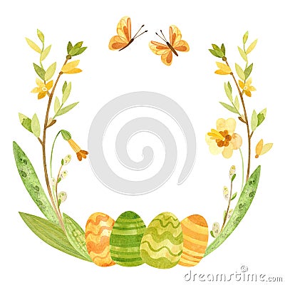 Spring wreath with Easter eggs, pussy willow, feathers and flowers. Stock Photo