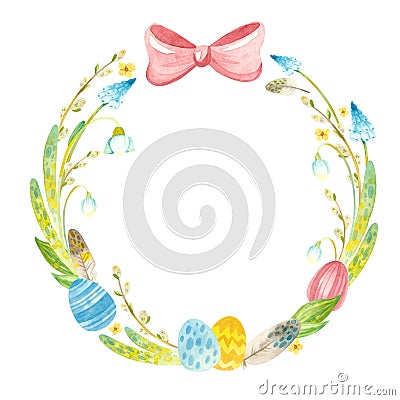 Spring wreath with Easter eggs, pussy willow, feathers and flowers. Stock Photo