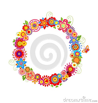 Spring wreath with funny flowers Vector Illustration