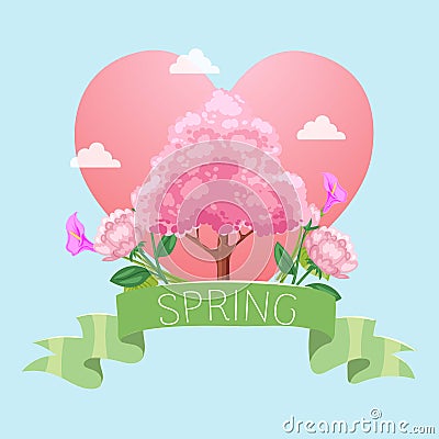 Spring written ribbon, card red heart, pink tree, expression love, romantic Valentine, design cartoon style vector Vector Illustration