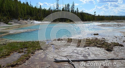 Spring in Yellowstone: Sunlight Glitters on Crackling Lake while Crackling Spring Steams in Norris Geyser Basin Stock Photo