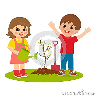 Spring in your step. Relaxed boy standing outdoors. Kids plant a tree. Vector Illustration