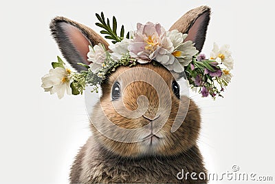 Springtime adorable baby bunny wearing a flower crown. Cute children's illustration of cuddly rabbit in spring. Easter Cartoon Illustration