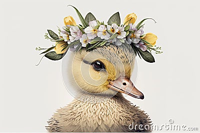 Springtime adorable baby duckling wearing a flower crown. Cute children's illustration of cuddly bird in spring. Easter Cartoon Illustration